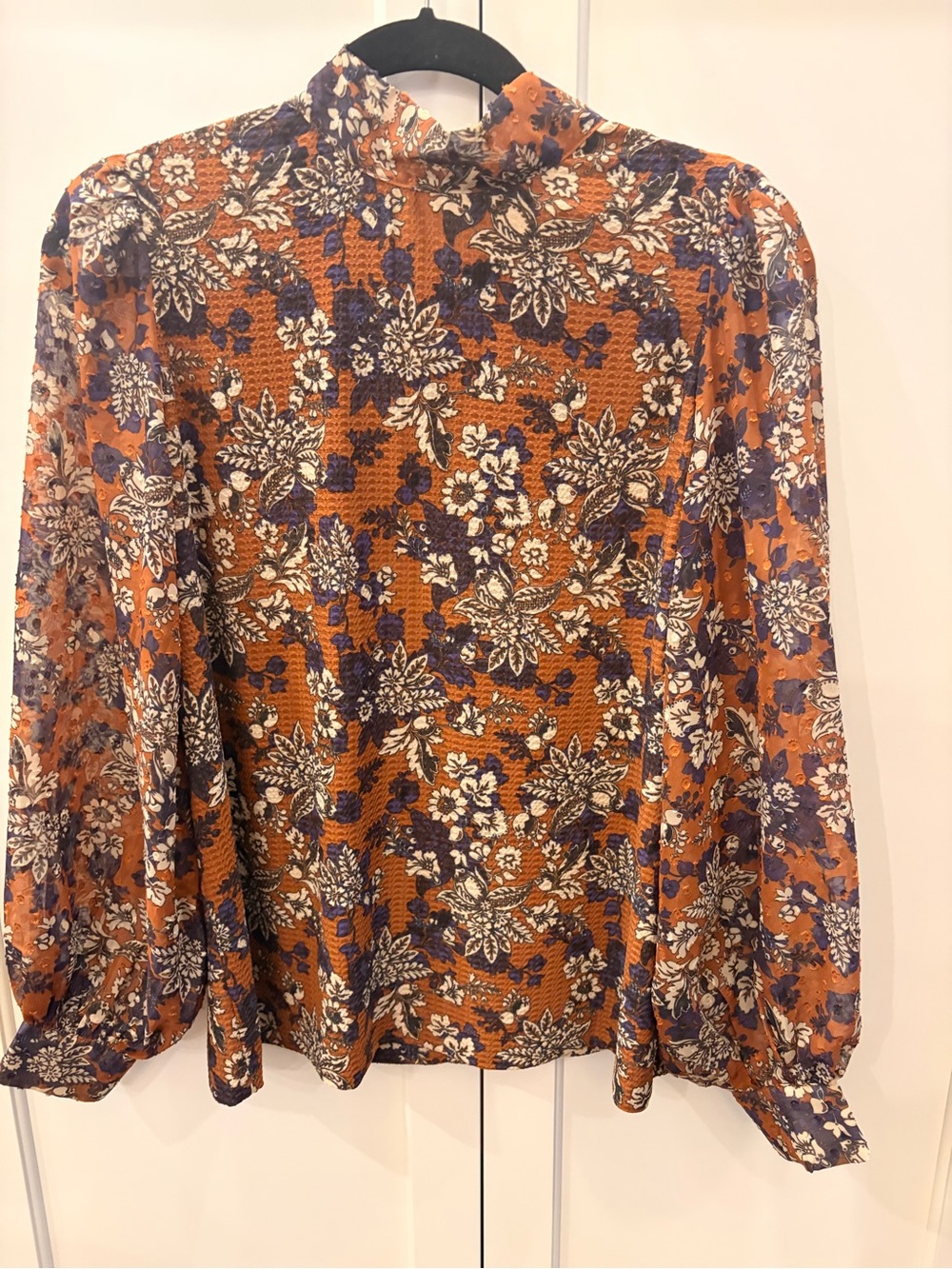 next Floral High-Neck Blouse in Rust, Purple and White